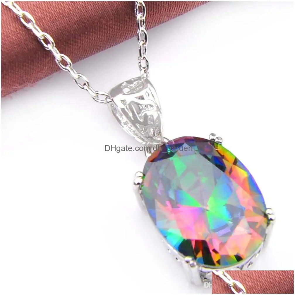 10 pcs luckyshine women jewelry rainbow mystic topaz 925 sterling silver necklaces oval zircon american australia wedding pendant