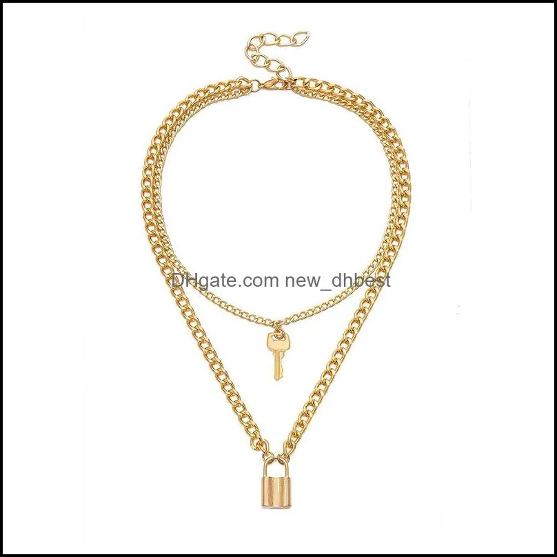 fashion key padlock pendant necklace for women gold silver lock necklace layered chain on the neck with lock punk jewelry