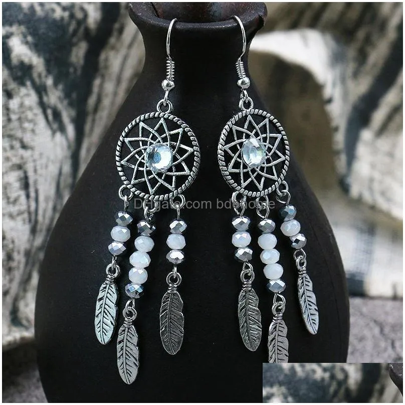 bohemian fashion jewelry womens vintage earrings dreamcatcher beads feathers tassels dangle earrings