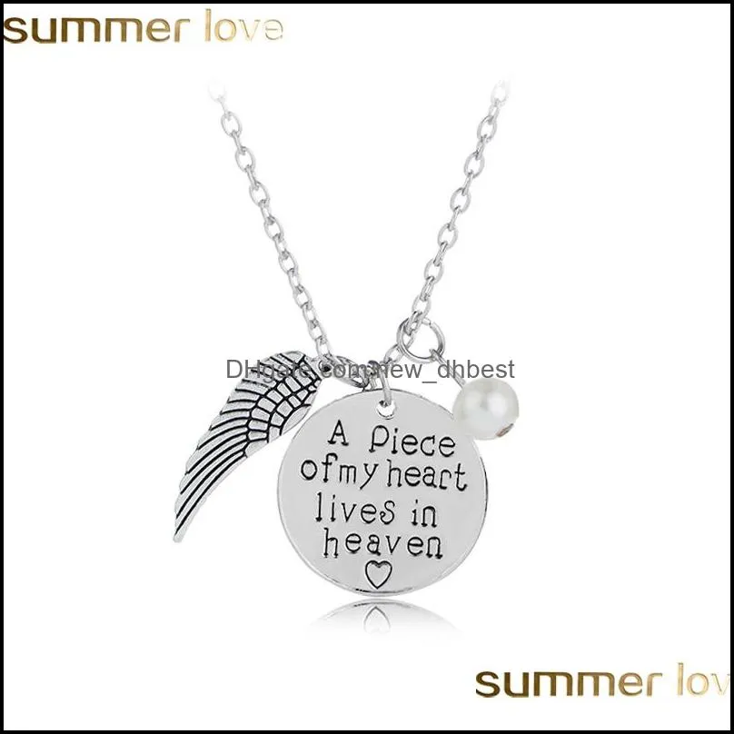 a piece of my heart lives in heaven personalized handwriting necklace vintage silver memory angel wing remembrance necklaces for women