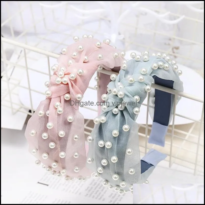 creative knot pearls headbands for women girls handmade wide solid gauze fabric twist hairband bezel hair hoop hairs accessories