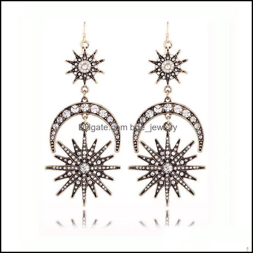  arrival sun moon star long dangle earring for women vintage exaggeration style crystal drop earring fashion jewelry gift
