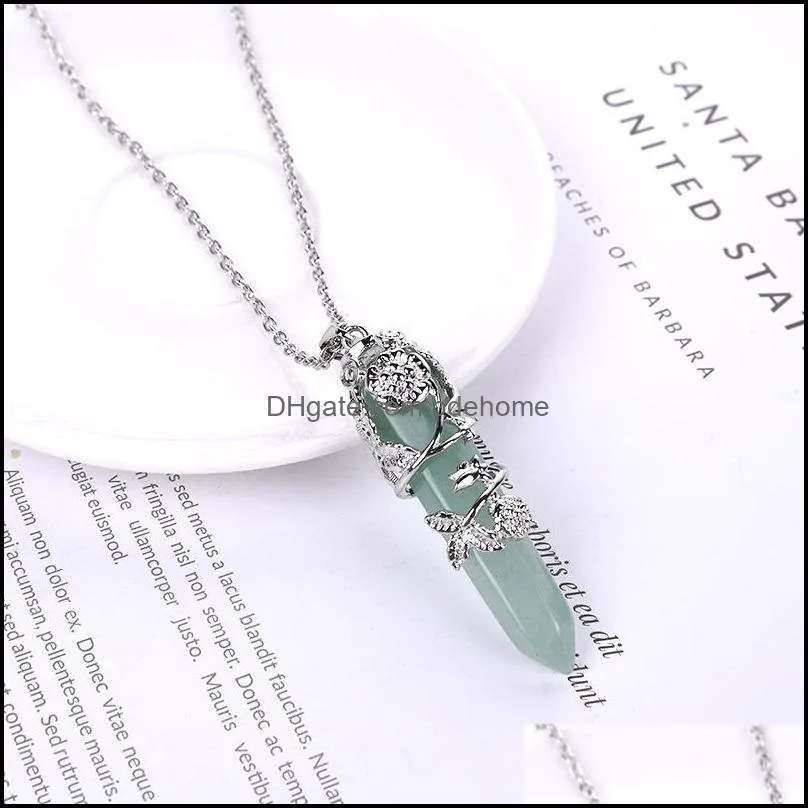 natural stone prism reiki healing necklace hexagonal bullet opal amethysts quartz pink crystal chakra pendulum necklace