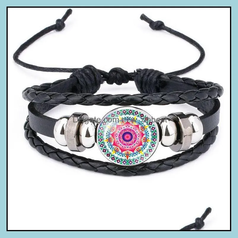 2019 indian mandala flower of life bracelets for women buddhism meditation glass cabochon charm leather rope bracelets bangle mens