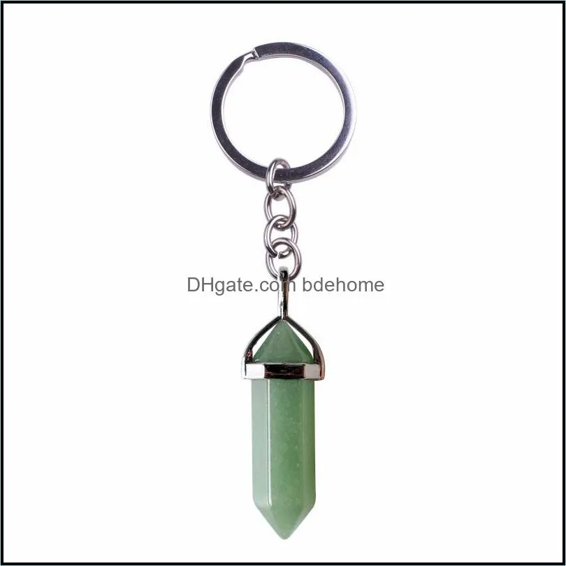natural stone hexagonal prism keychains healing amethyst pink crystal car decor key rings key chain keyholder for women men
