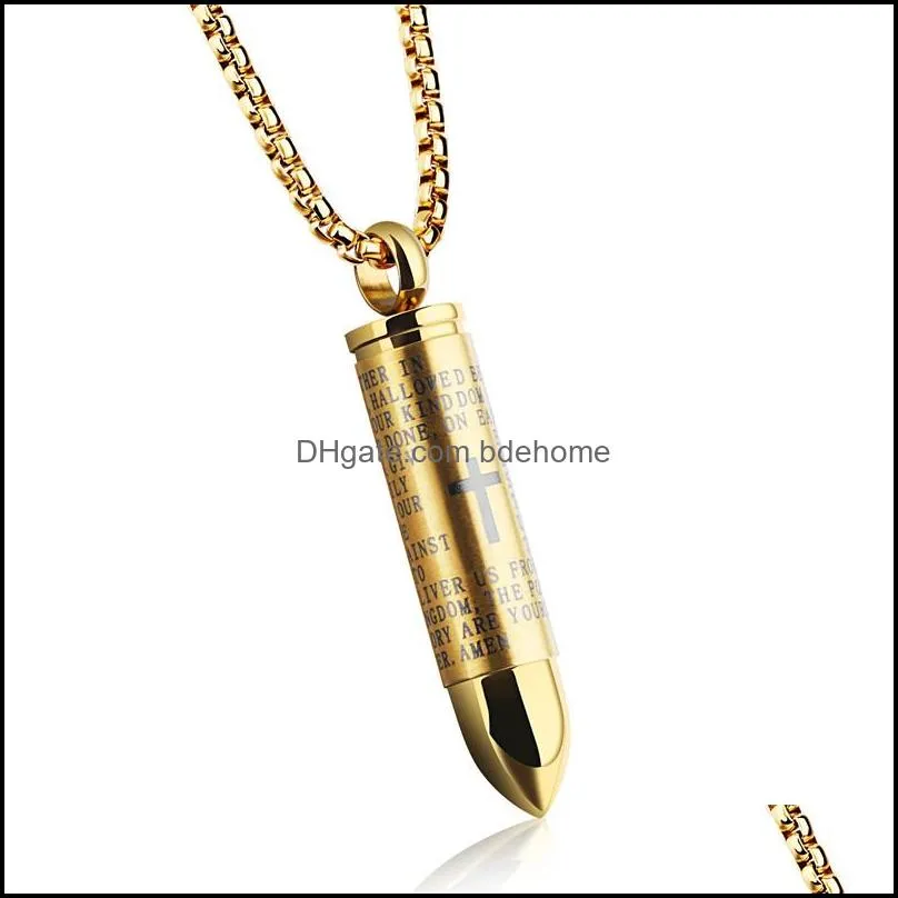 bullet pendant necklace for men engraved cross lord bible prayer necklace stainless steel necklace mens jewelry cremation ashes urn