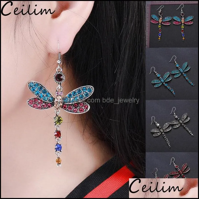 fashion dragonfly tassel earring vintage colorful crystal dangle earrings for women drop dangle earring boho design jewelry