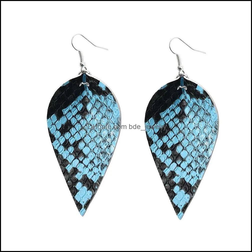 fashion pu leaf leather dangle earrings for women snake skin pattern multi colors leather bohemia double side hook earrings jewelry