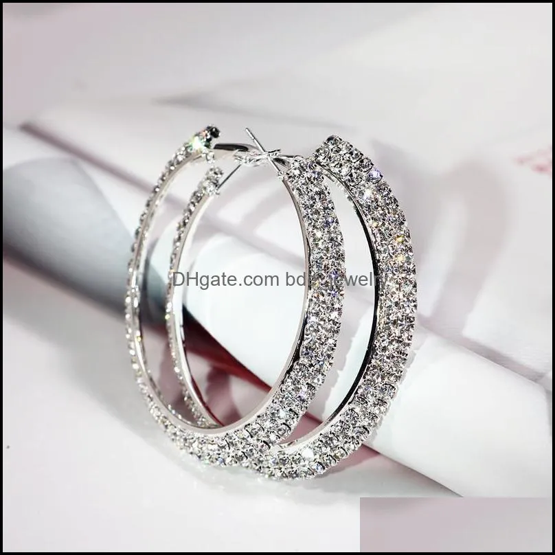 fashion double row crystal earrings for women gold silver color hoop earrings party wedding bridal jewelry