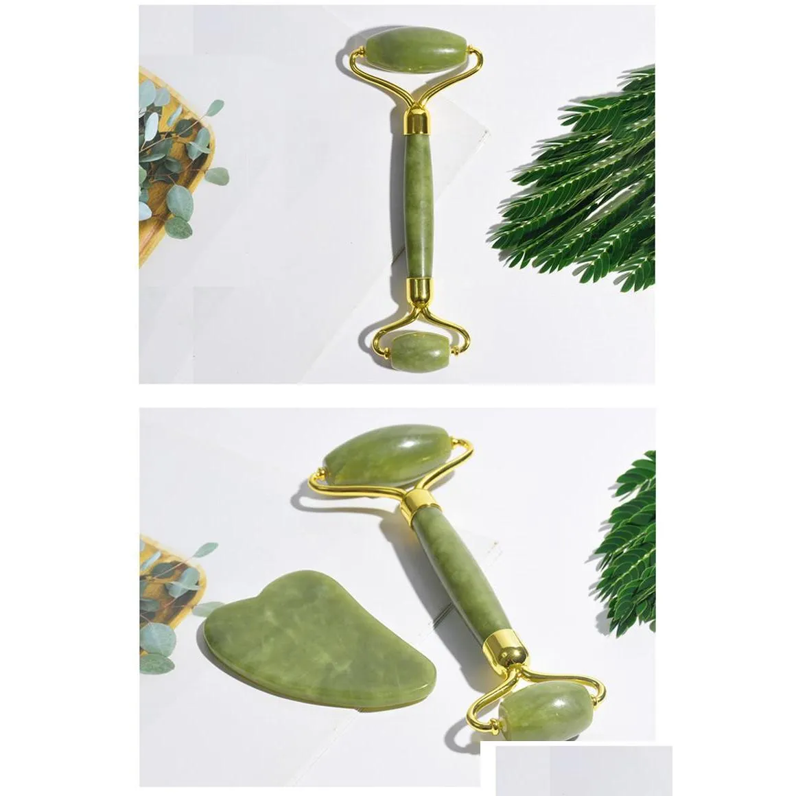 wholesale natural jade roller thin face massager lifting tools slim facial gua sha green stone antiaging wrinkle skin beauty care set