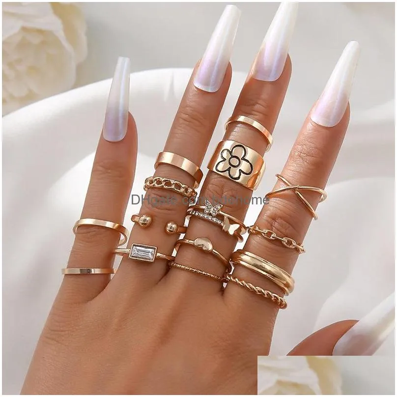 fashion jewelry knuckle ring set gold butterfly flower chain crossed geometric stacking rings midi rings sets 15pcs/set