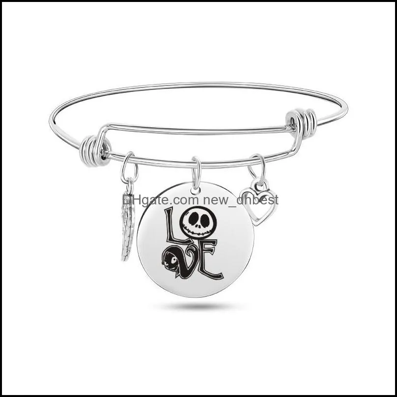 nightmare before christmas bracelets for women men skull round disc charm stainless steel expandable wire bangle fashion jewelry gift