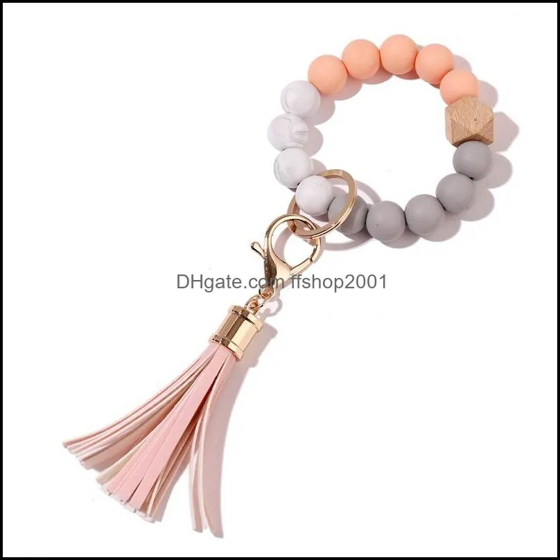 summer silicone elastic wooded beads key rings bracelet charm tassel pendant keychain wristlet bracelets bangle q264fz