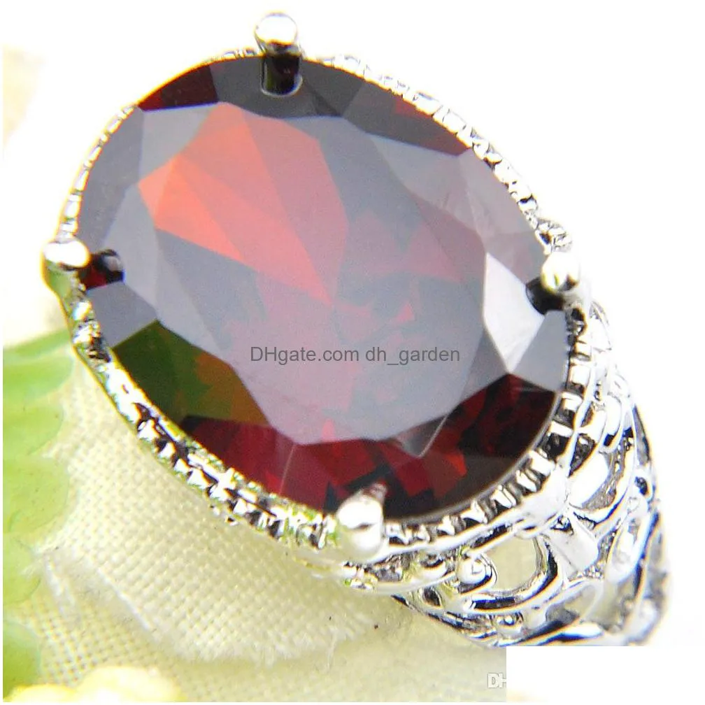 luckyshine 925 sterling silver plated ellipse red garnet rings for women zircon 12x16 mm claw holiday gift rings