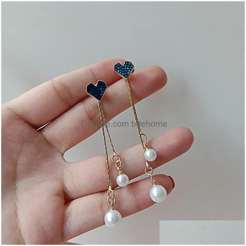 fashion jewelry s925 silver post earrings blue love faux pearl dangle tassel stud earrings