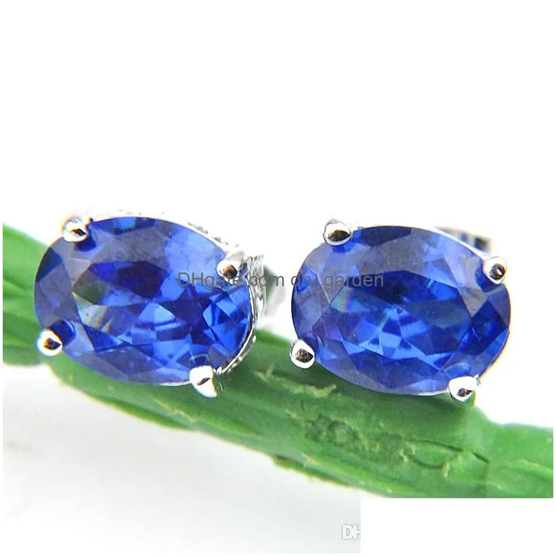 luckyshine holiday gift 925 sterling silver plated oval london topaz stud earrings 8x6 mm blue zircon women jewelry ear stud 