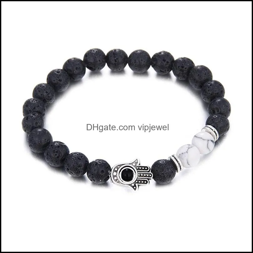 wholesale natural black lava stone beads bracelets for women 7 reiki chakras beaded yoga balance bracelet with hand charm handmade