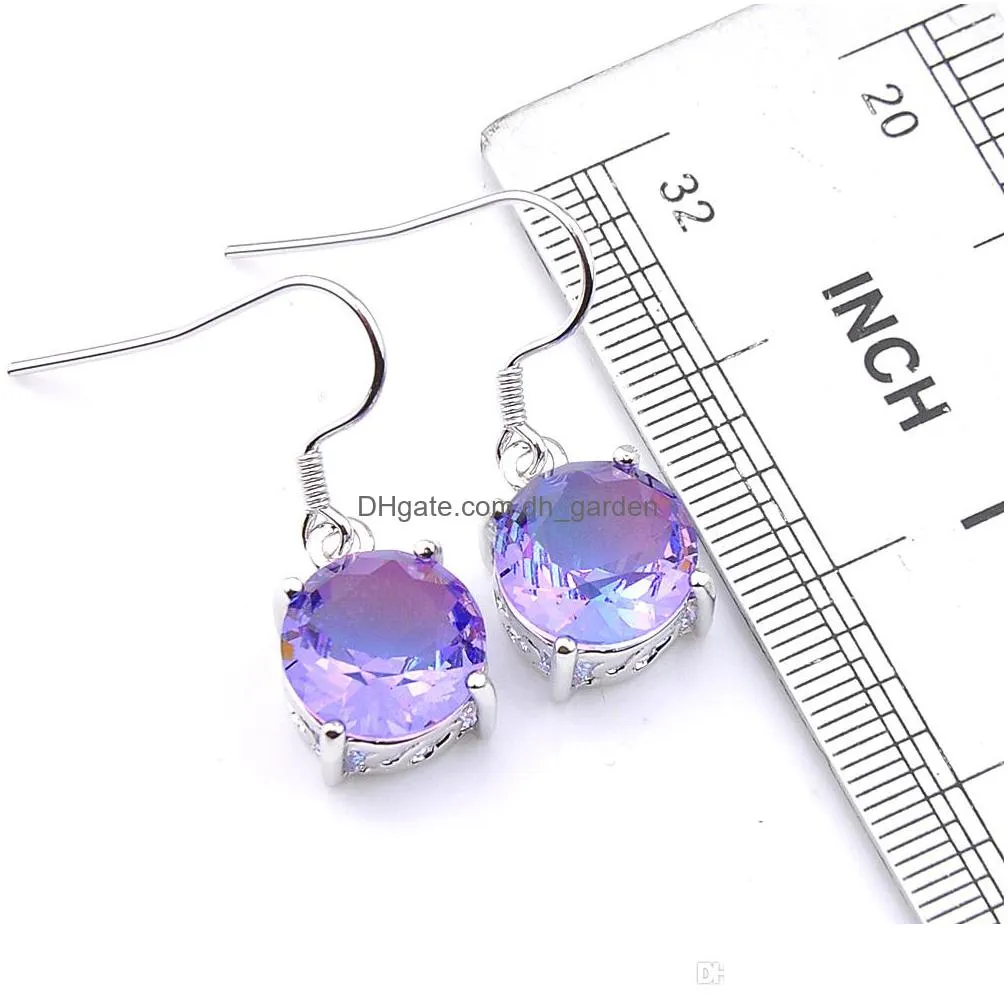 luckyshine engagement gift purple round cut bi colored tourmaline gems silver dangle hook earrings for women russia american australia