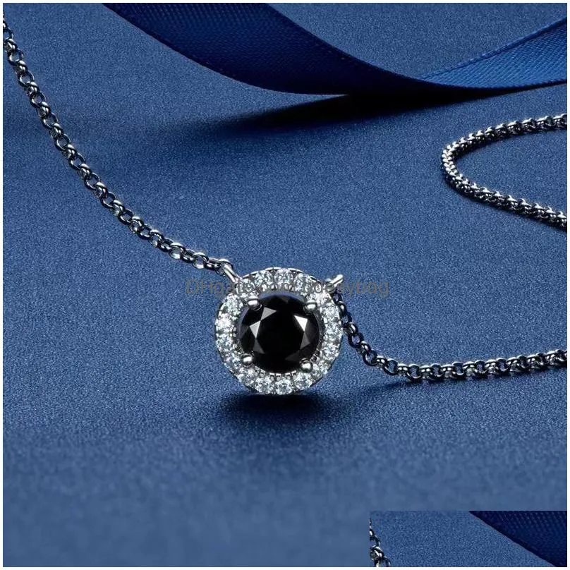 pendant necklaces trendy 925 sterling silver 1ct black color moissanite necklace for women plated white gold 4 prong clavicle