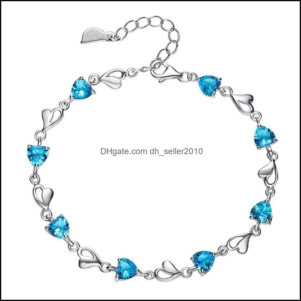 fashion copper metal link bracelets silver color crystal sky blue cubic zircon heart love chain bracelet girls valentine day gift couple jewelry