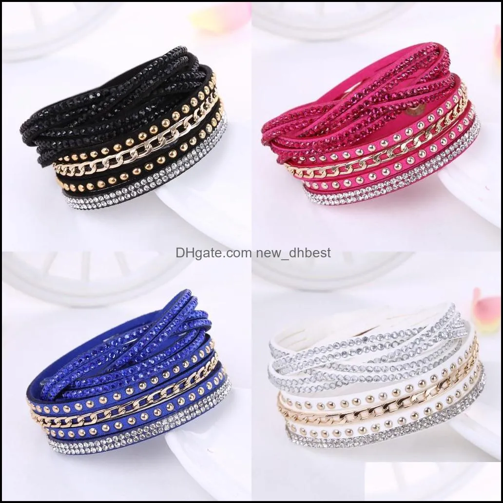 korean women crystal wrap wristband multilayer velvet leather diamond bracelets bangle band cuff for girl fashion jewelry gift