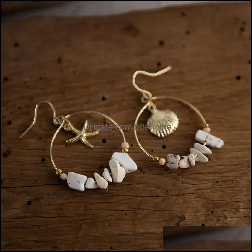 2019 cute starfish shell big hoop earrings natural stone beads geometric round circle dangle earrings for women girl summer