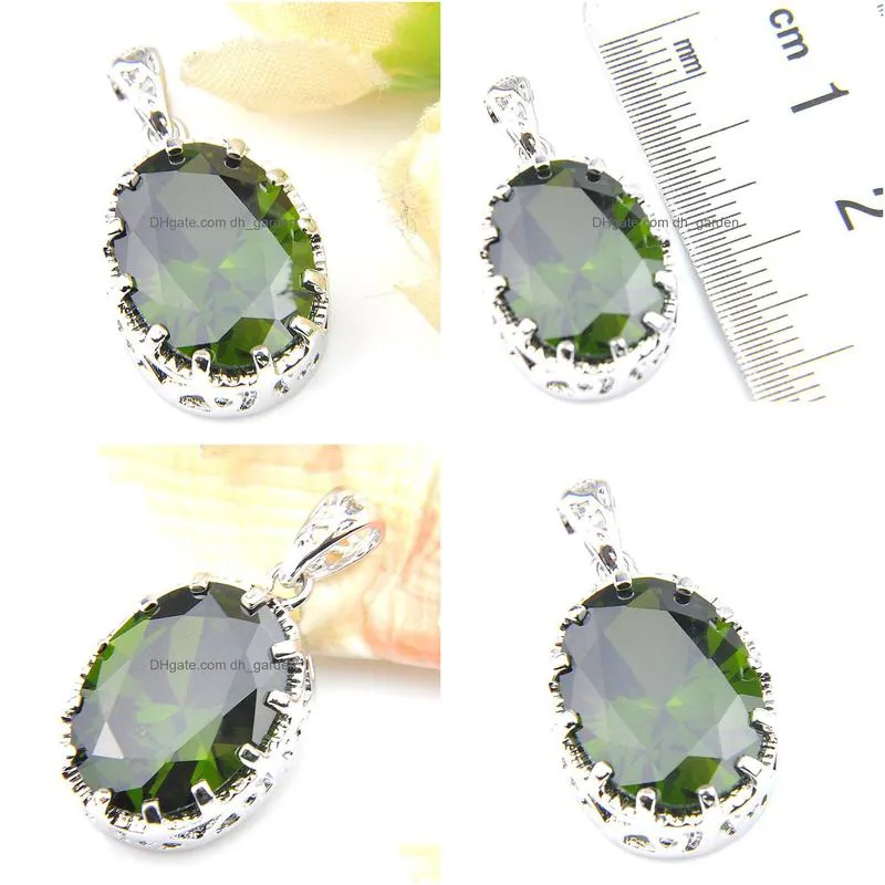 luckyshine fashion attractive jewelry oval green olive stone gems pendants 925 silver for women necklace pendant jewelry 1