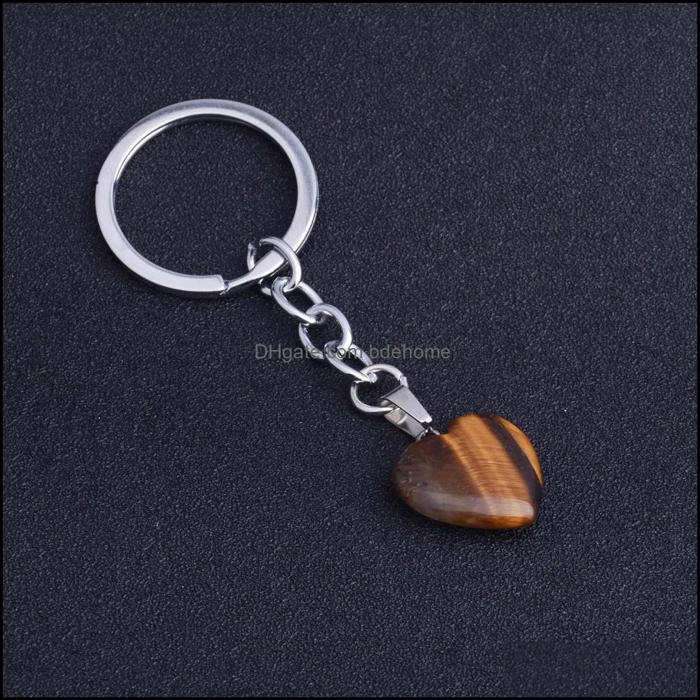 rose pink tiger eye heart charm natural stone key chains rings crystal quartz keyring gifts women men keychains jewelry