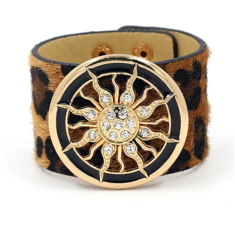 fashion jewelry circle leopard grain horsehair pu leather bracelet metal sun buckle adjustable bracelet