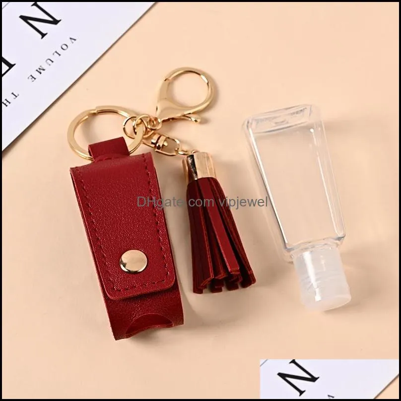 creative hand sanitizer pu protective leather case keychain disinfectant health tassel pendant refillable bottle containers 30ml