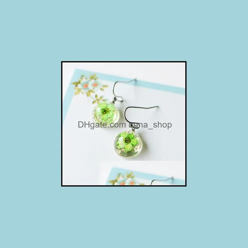 dandelion dried flowers dangle earrings 5 colors real daffodils flower earring glass ball pressed earing jewelry gift wholesale