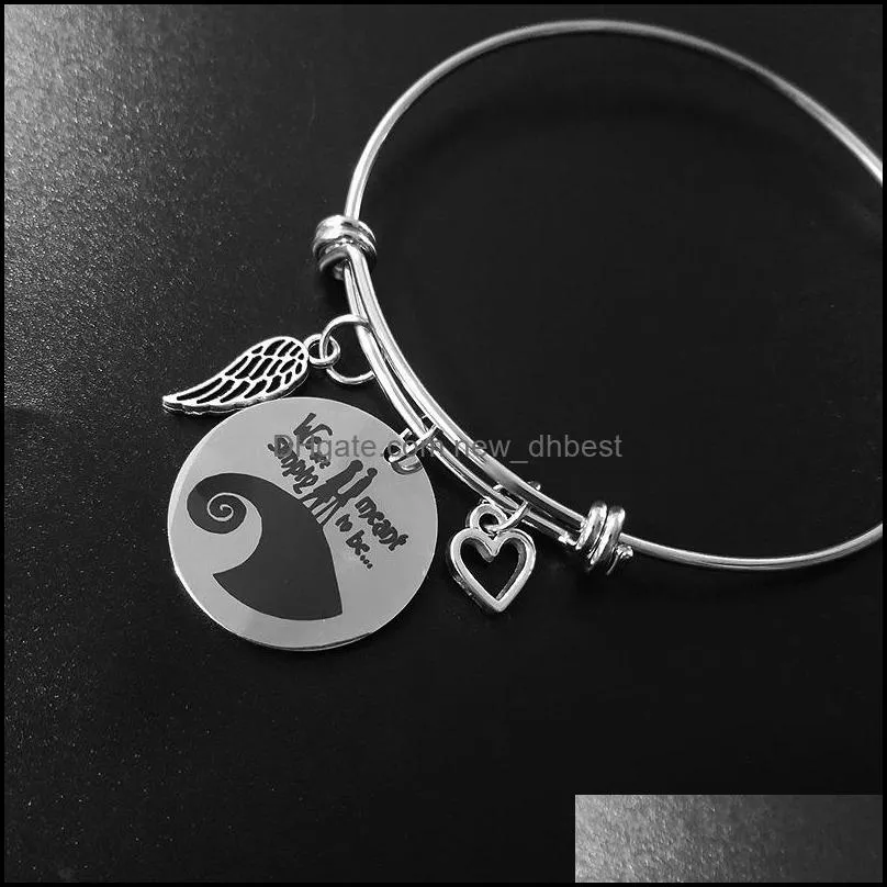 nightmare before christmas bracelets for women men skull round disc charm stainless steel expandable wire bangle fashion jewelry gift