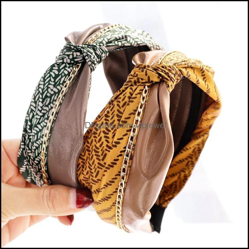 preppy style stitched print girls headband wide side leather hairband soft center knot turban solid handmade hair accessories