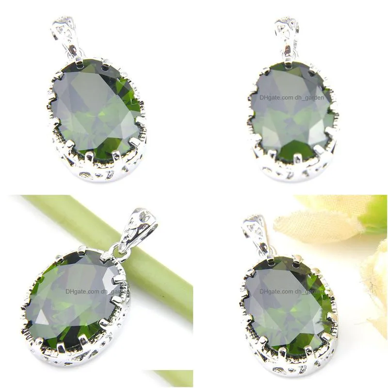 luckyshine fashion attractive jewelry oval green olive stone gems pendants 925 silver for women necklace pendant jewelry 1