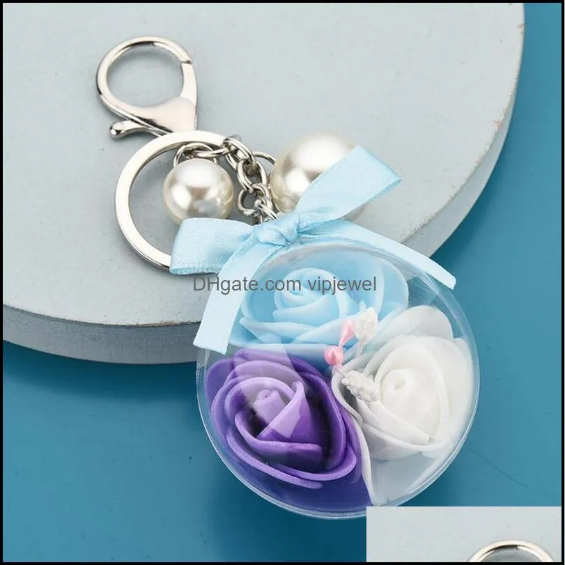 fashion women transparent acrylic ball pendant keychains simulation rose flower charms pearl lovely car bag keychain accessories