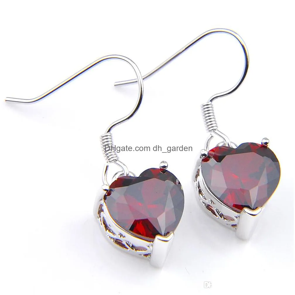 luckyshine 3 pcs set classic vintage jewelry set red love heart garnet gems silver pendant ring earring for women wedding set 