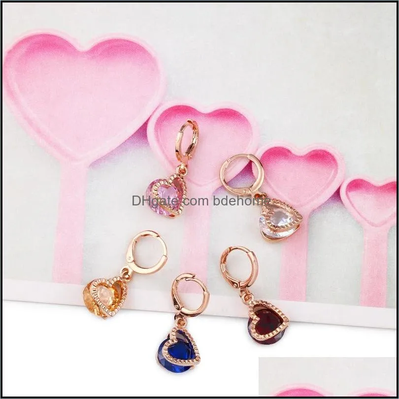 shiny cubic zirconia heart earrings rose gold 5 colors hollow design small dangle drop earrings for women girls romantic jewelry