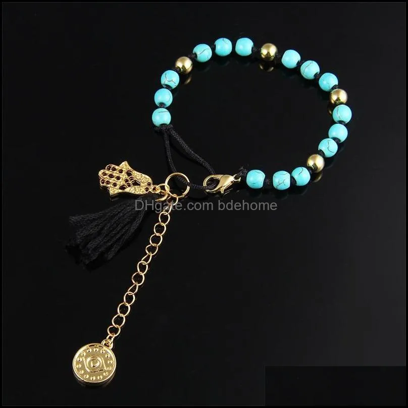 turquoise braided rope chain tassel hand palm pendant bracelet for women fashion natural stone beads bracelets 3583 q2