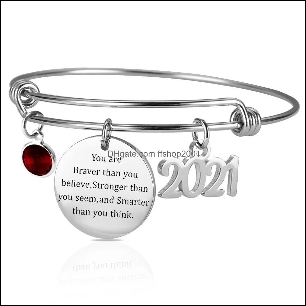 vintage inspirational graduation cuff bracelet crystal engraved letter stainless steel silver bangle for women q607fz