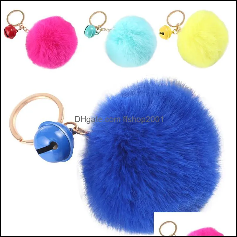 creative bell pompom key rings for lady fluffy plush keychains faux rabbit fur ball keyfobs holder fashion accessories p153fa