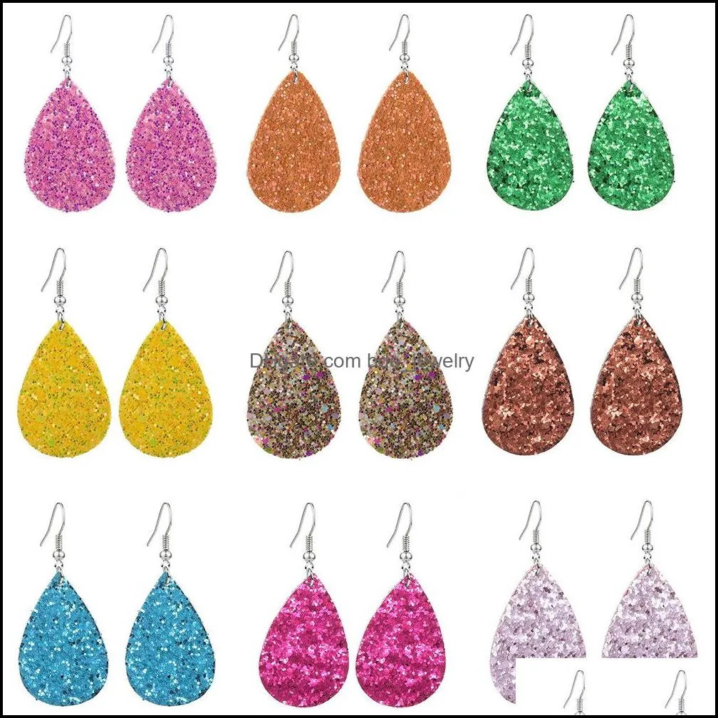 shiny sequins teardrop leather earrings glitter sparkly colorful designer jewelry big statement water drop earrings for women