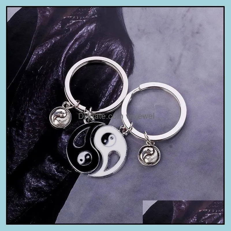 fashion yin and yang tai chi keychains stitching alloy black white friends couple leather keychain keyrings jewelry accessories