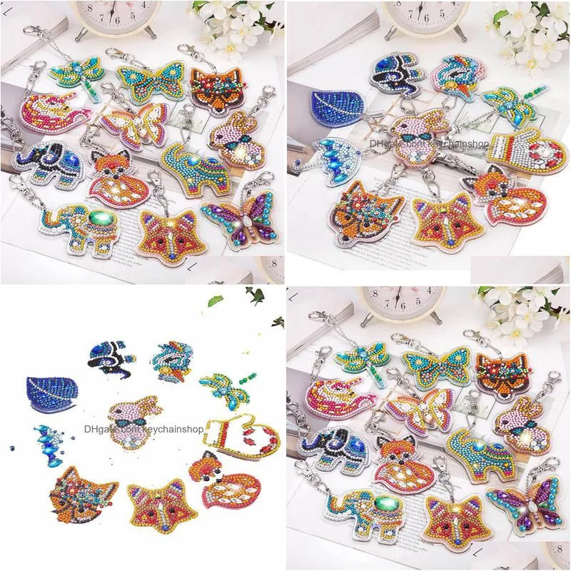 5pcs different animal style diamond painting key rings silver plated metal fashion keychain women jewelry