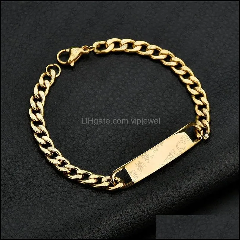 high quality bar chain bracelet men stainless steel bracelet can engraving letter name silver color adjustable buckle bangle 3 colors
