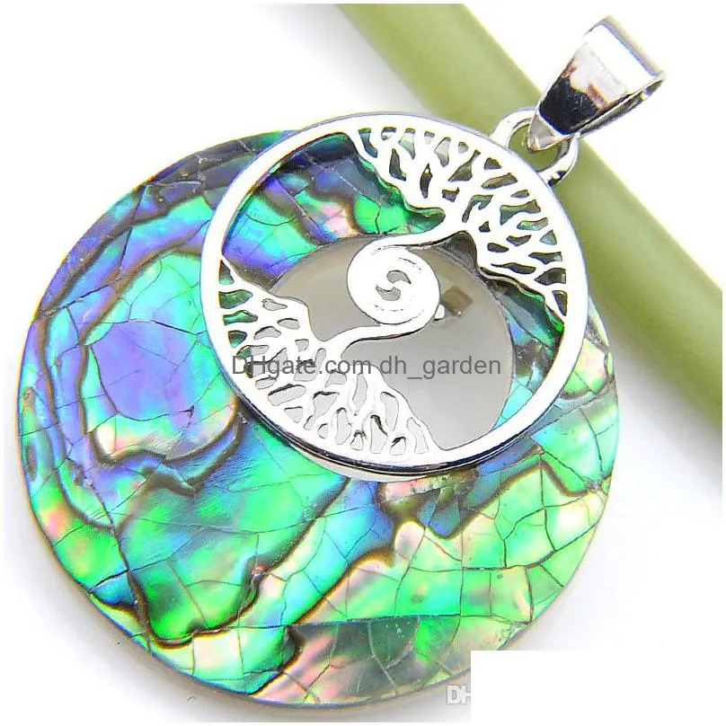 luckyshine 10 pcs /lot classic abalone shell handmade rainbow silver necklace pendants tree of life weddings pendants jewelry