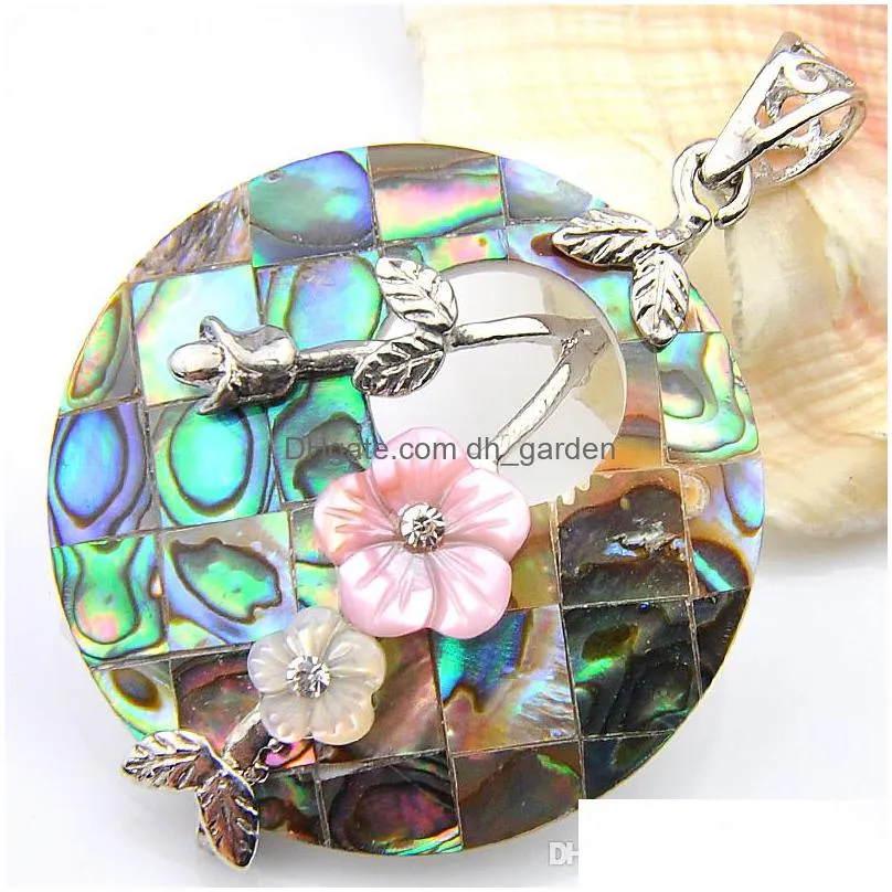 luckyshine round natural abalone shell pendants 925 sterling silver plated women flower pendant jewelry unisex 1.5 inch