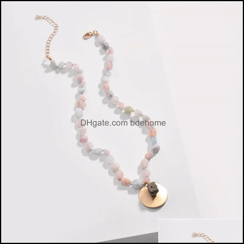 summer fancy power natural stone bead strand short chunky necklace gold color disc pendant necklaces chains 3506 q2