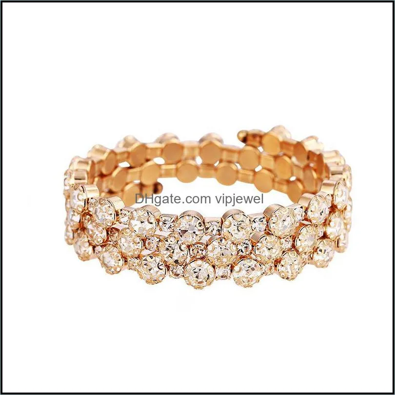 fashion multiple rows crystal adjustable elastic tennis bracelet bangle for women gold silver color wedding bangles jewelry gift