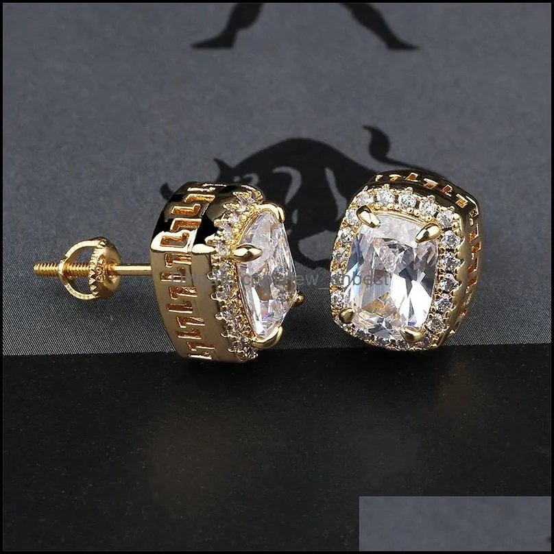hip hop iced out stud earrings for men women bling crystal zircon cz gemstone gold silver earring hiphop rapper jewelry gift