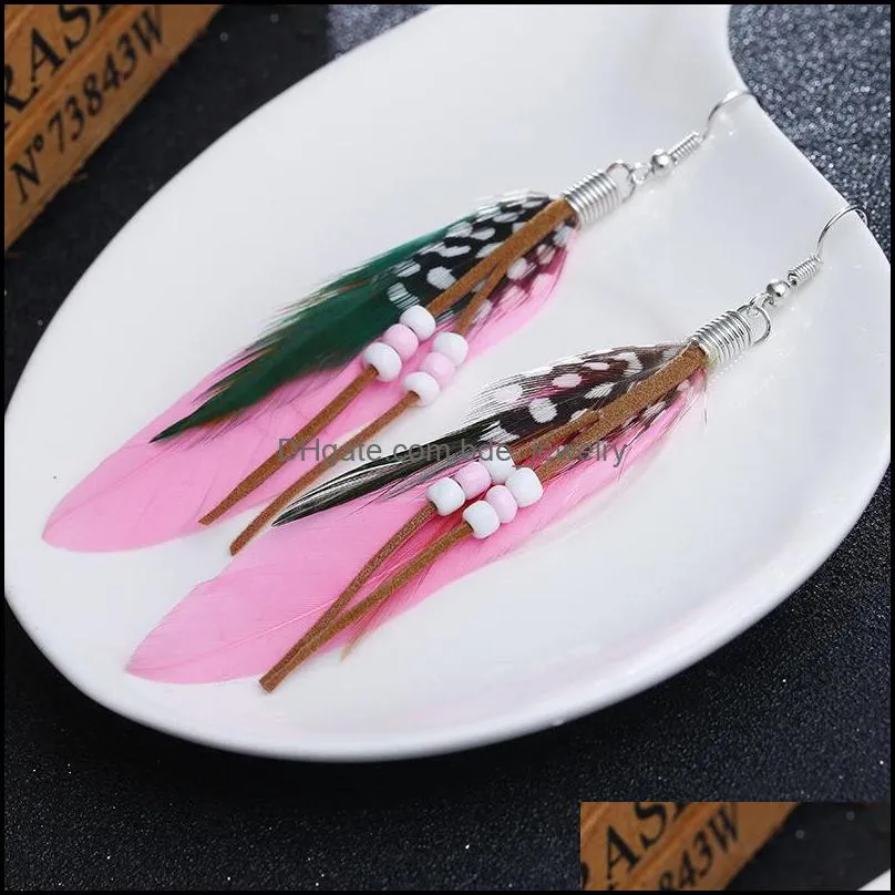 bohemian silver color feather earrings beads for women party catwalk hanging earrings boucles colorful feathers 2017